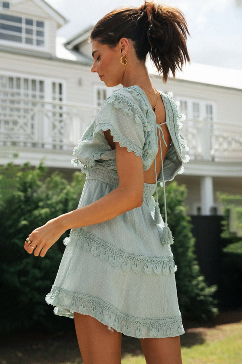 Lace Detail Plunge Short Sleeve Mini Dress