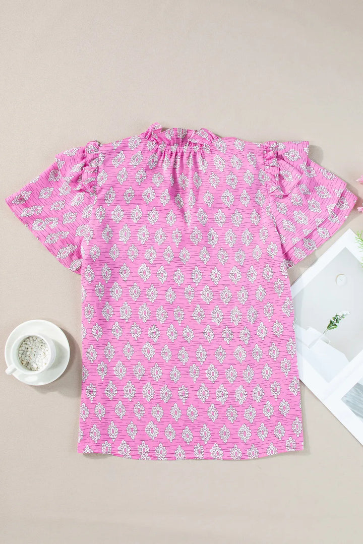 Ruffled Printed Tie Neck Short Sleeve Blouse