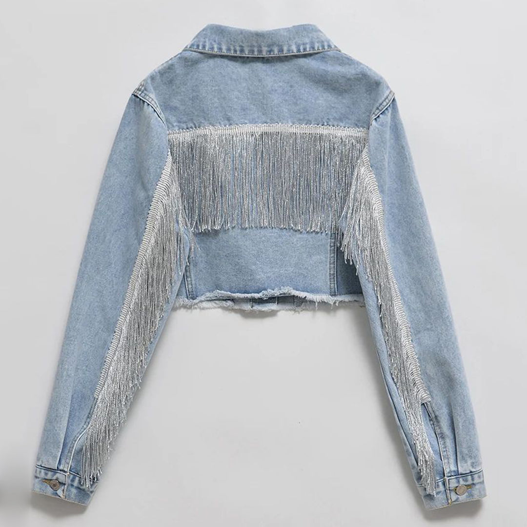 Fringe Detail Long Sleeve Cropped Denim Jacket