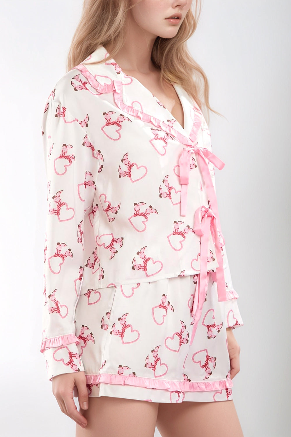 Valentine’s Day Ribbon Tied Printed Long Sleeve Top and Shorts Lounge Set