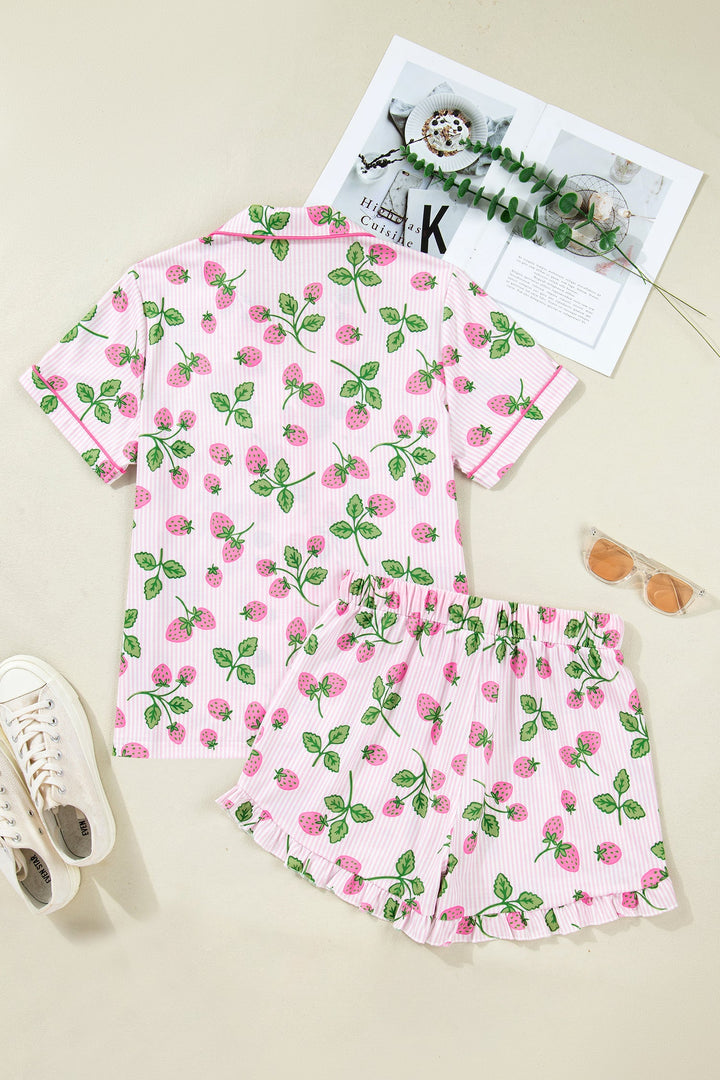 Stripe Strawberry Lapel Shirt & Drawstring Shorts Set