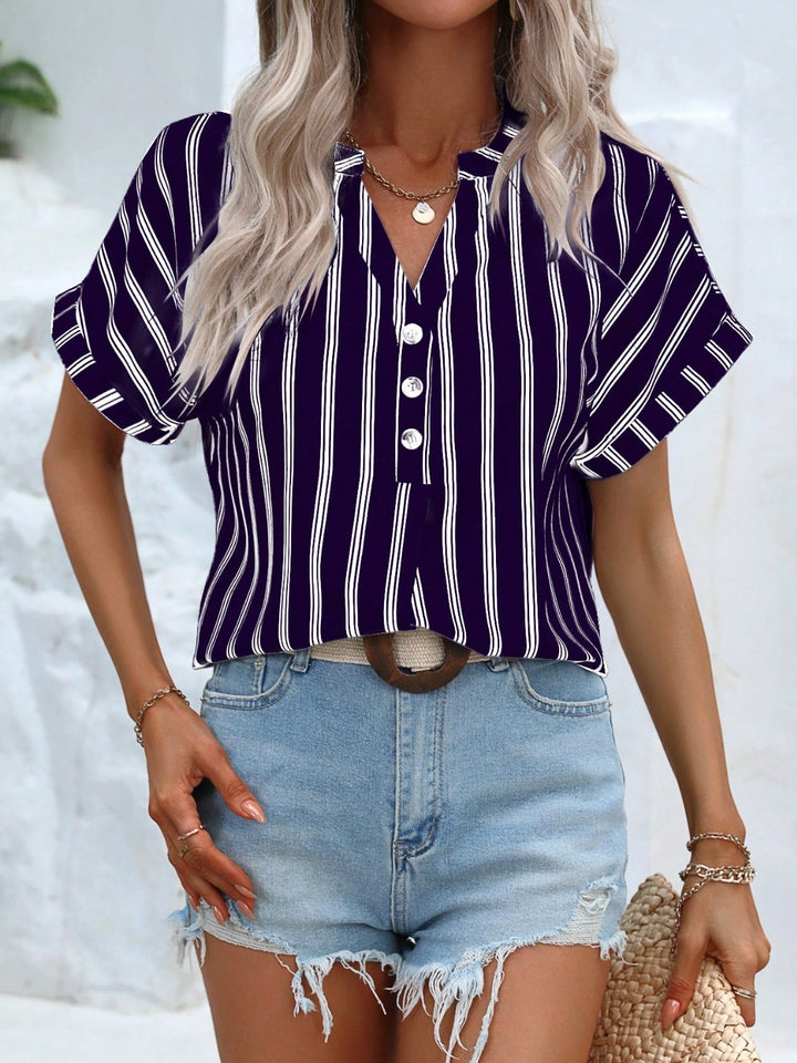 Striped Notched Short Sleeve Blouse