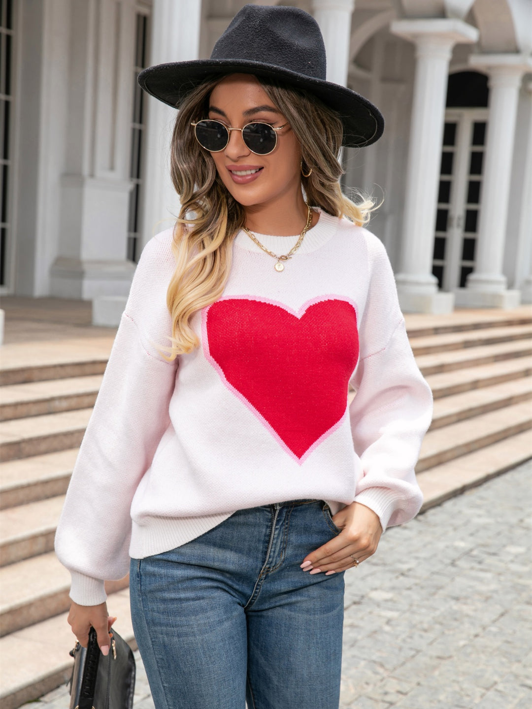 Angel Wings Heart Graphic Round Neck Sweater