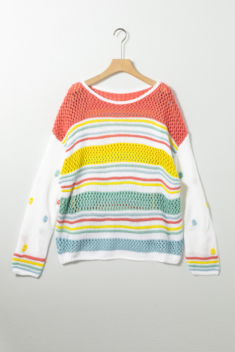 Hollow Striped Color Block Round Neck Sweater