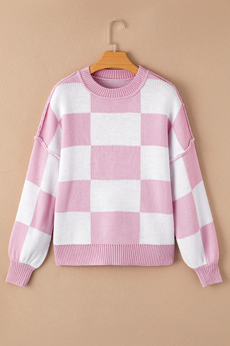 Checkered Exposed Seam Drooped Shoulder Sweater