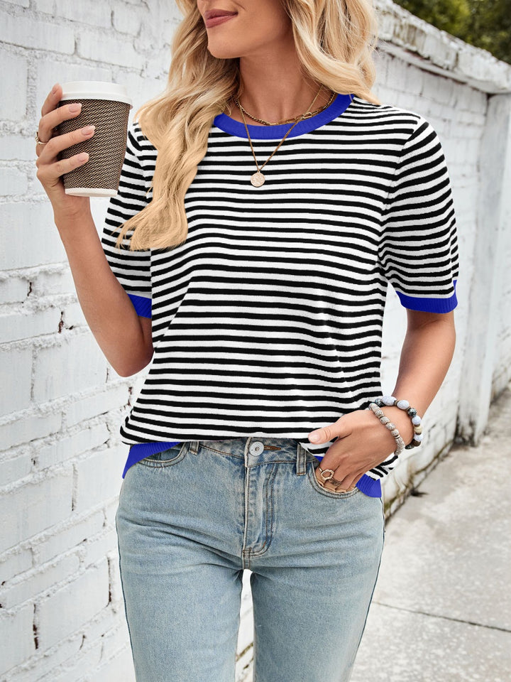 Lovelet Striped Contrast Round Neck Half Sleeve Knit Top