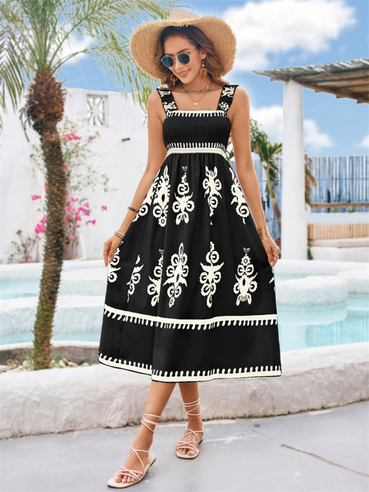 Printed Square Neck Wide Strap Midi Dress