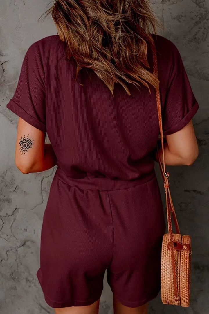 Full Size Drawstring V-Neck Short Sleeve Romper