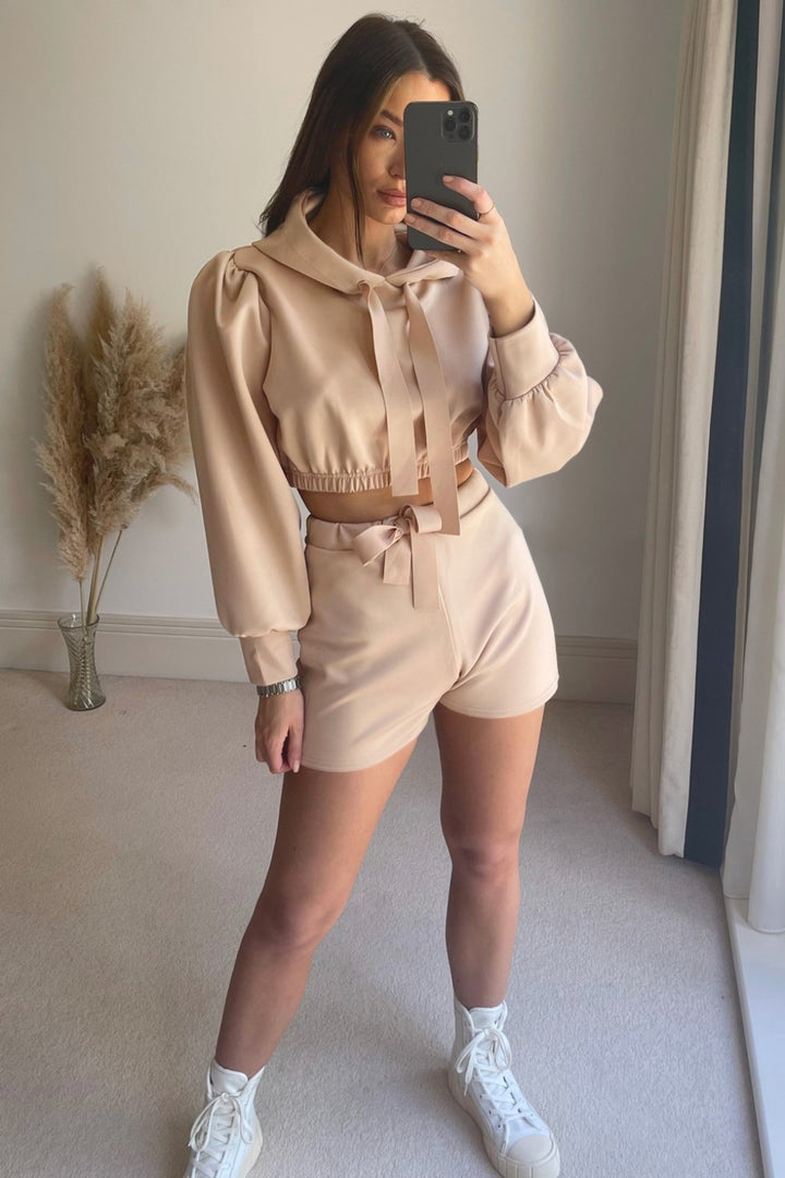 Drawstring Long Sleeve Hooded Top and Shorts Set