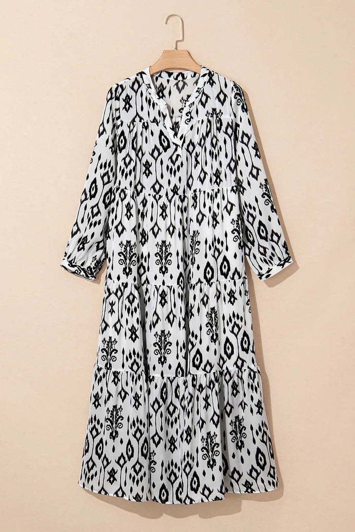 Tiered Printed Notched Long Sleeve Midi Dress