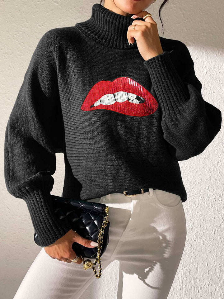 Lip Turtleneck Long Sleeve Sweater