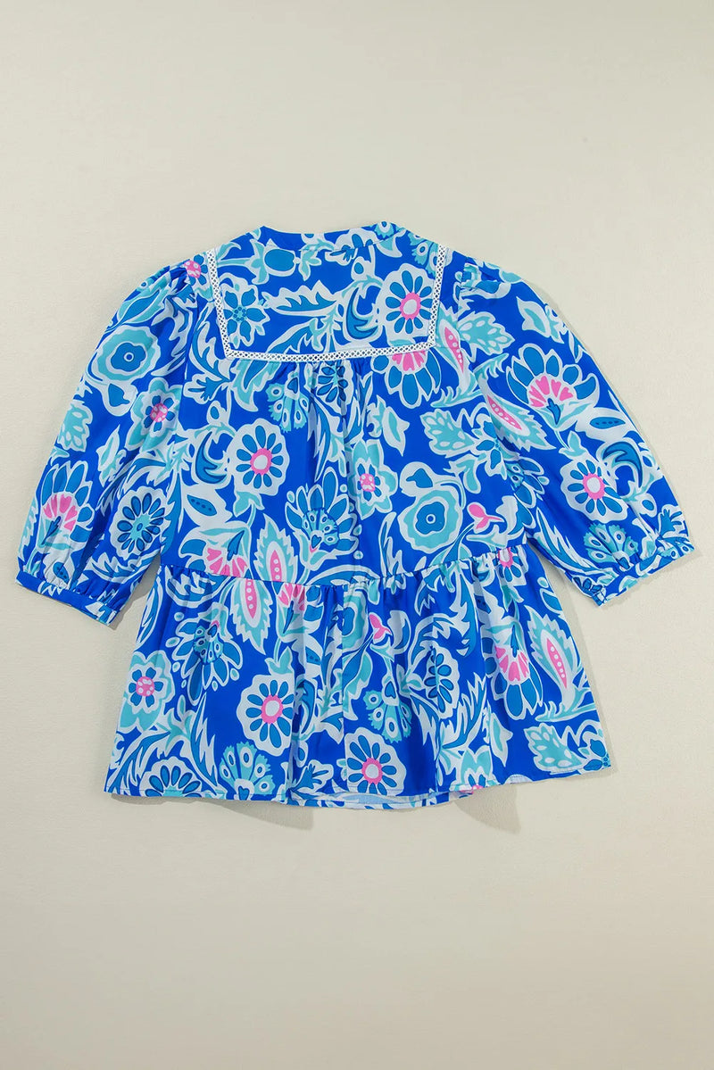Printed Notched Three-Quarter Sleeve Blouse