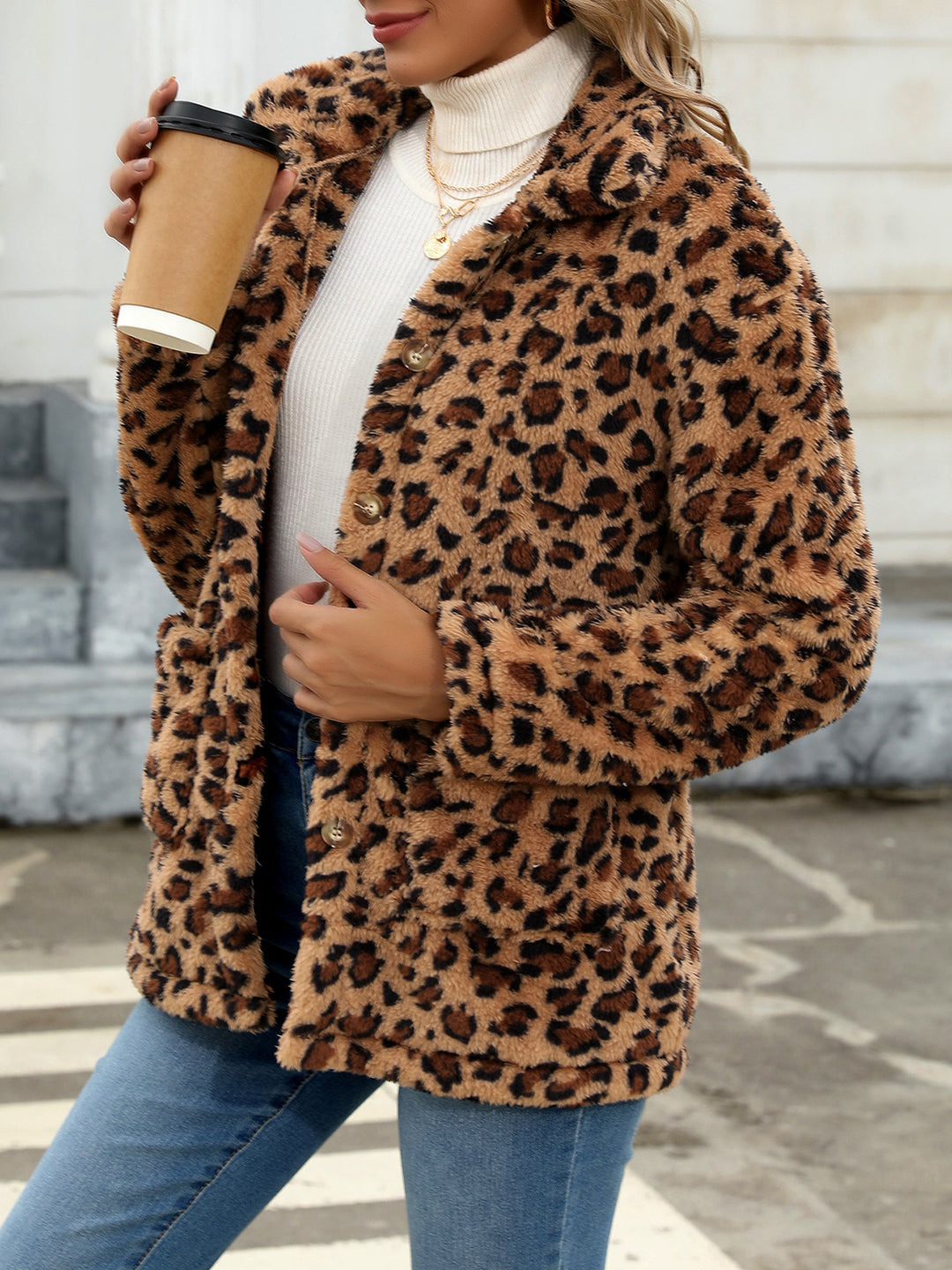 Button Up Drop Shoulder Fuzzy Jacket