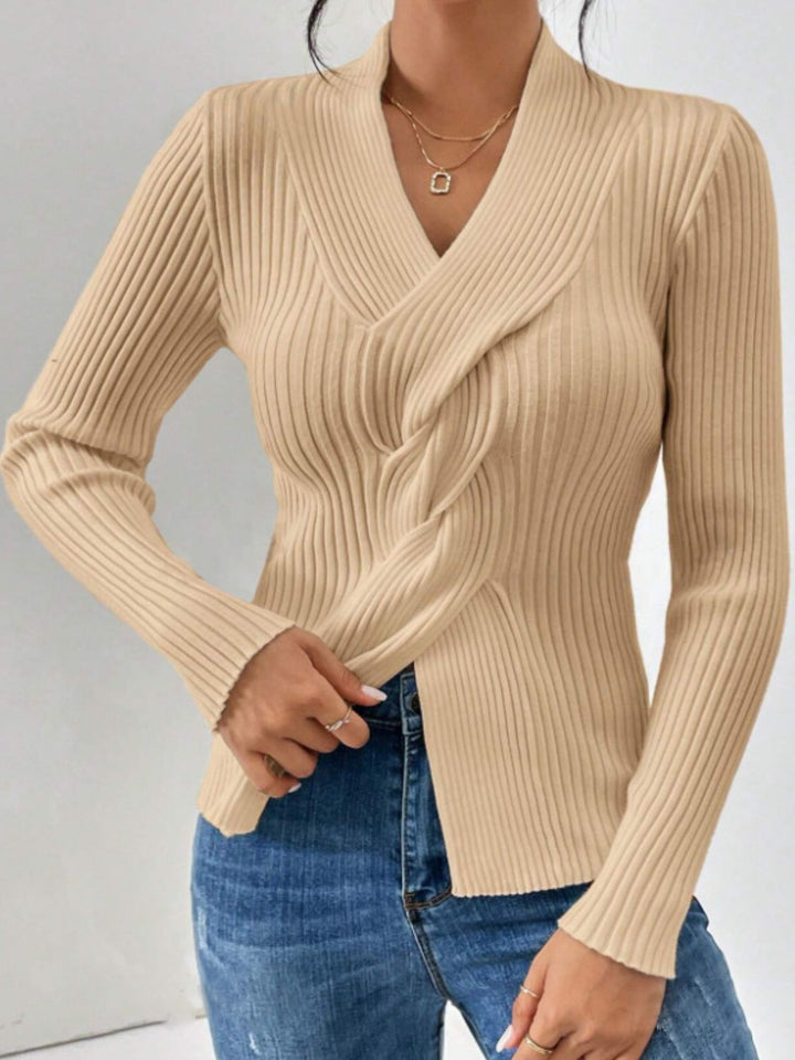 Twist Front Ribbed Long Sleeve Sweater