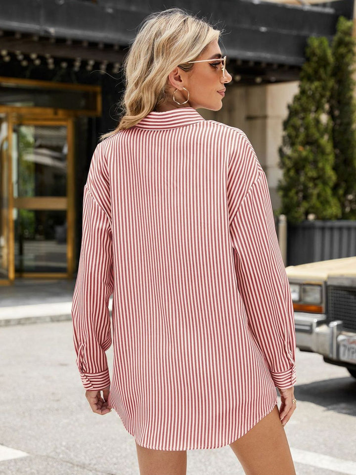 Pocketed Striped Collared Neck Long Sleeve Shirt