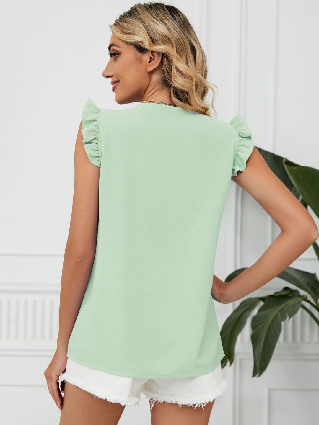 Ruffled V-Neck Cap Sleeve Blouse