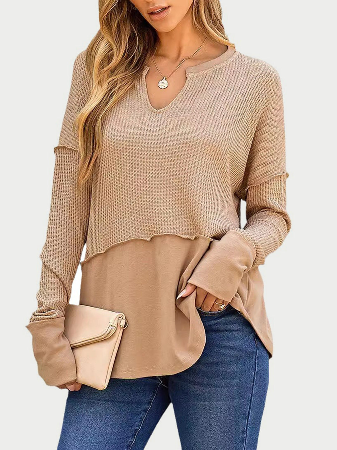 Waffle-Knit Notched Long Sleeve T-Shirt