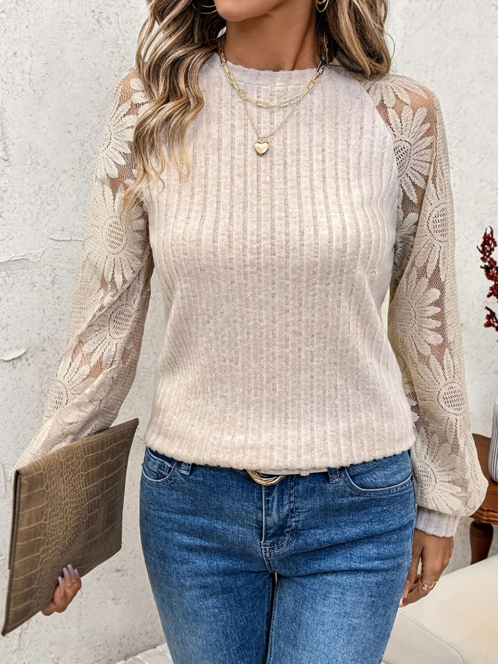 Round Neck Lace Patchwork Long Sleeve Top