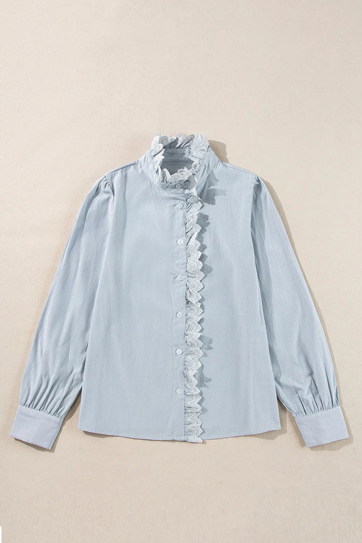 Lace Detail Striped Mock Neck Long Sleeve Shirt