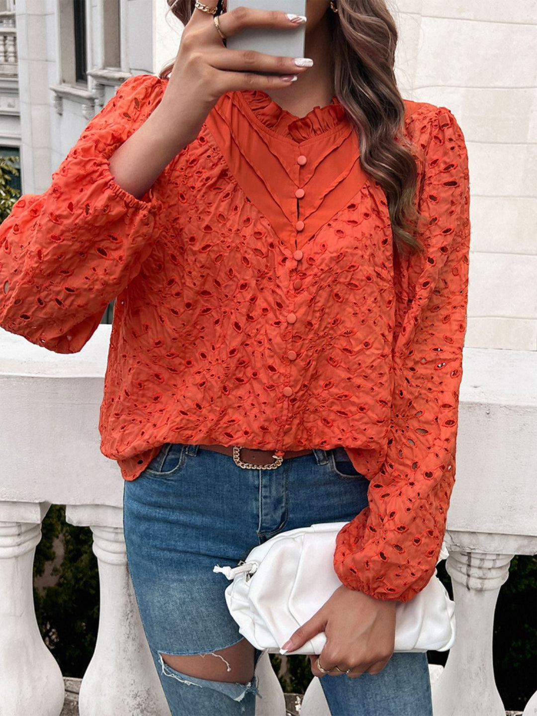 Frill Round Neck Long Sleeve Shirt