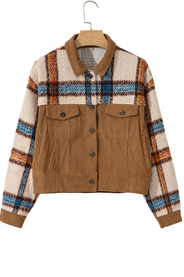 Plaid Corduroy Flap Pockets Button Up Jacket