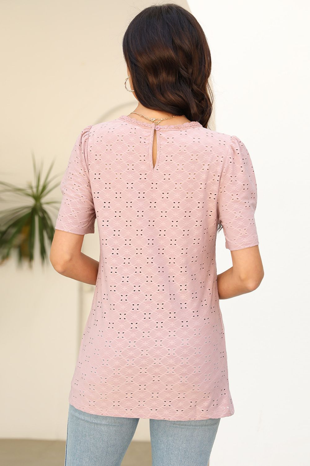 Eyelet Round Neck Short Sleeve T-Shirt