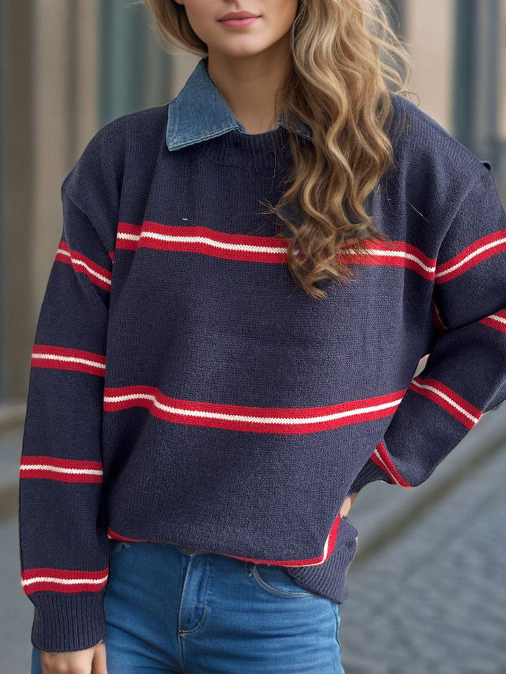 Contrast Stripes Round Neck Long Sleeve Sweater