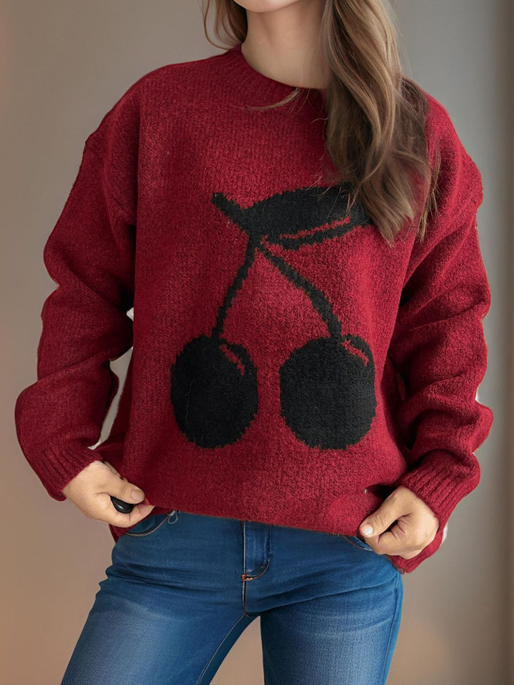 Cherry Round Neck Long Sleeve Sweater