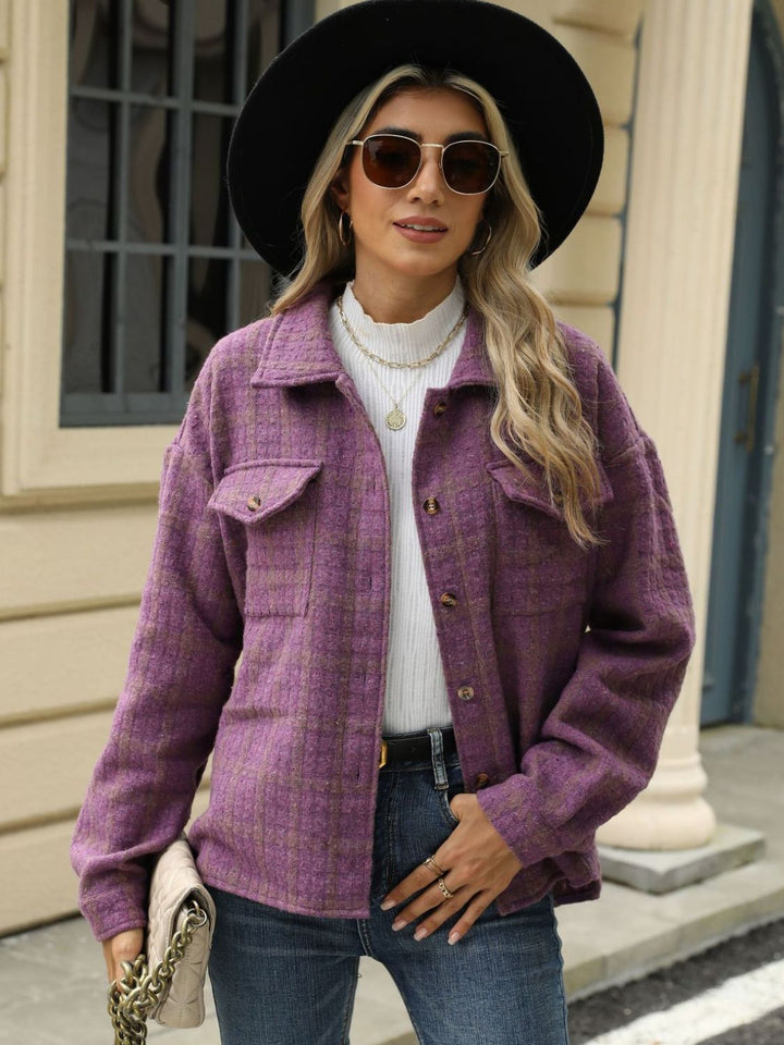 Plaid Collared Neck Long Sleeve Jacket