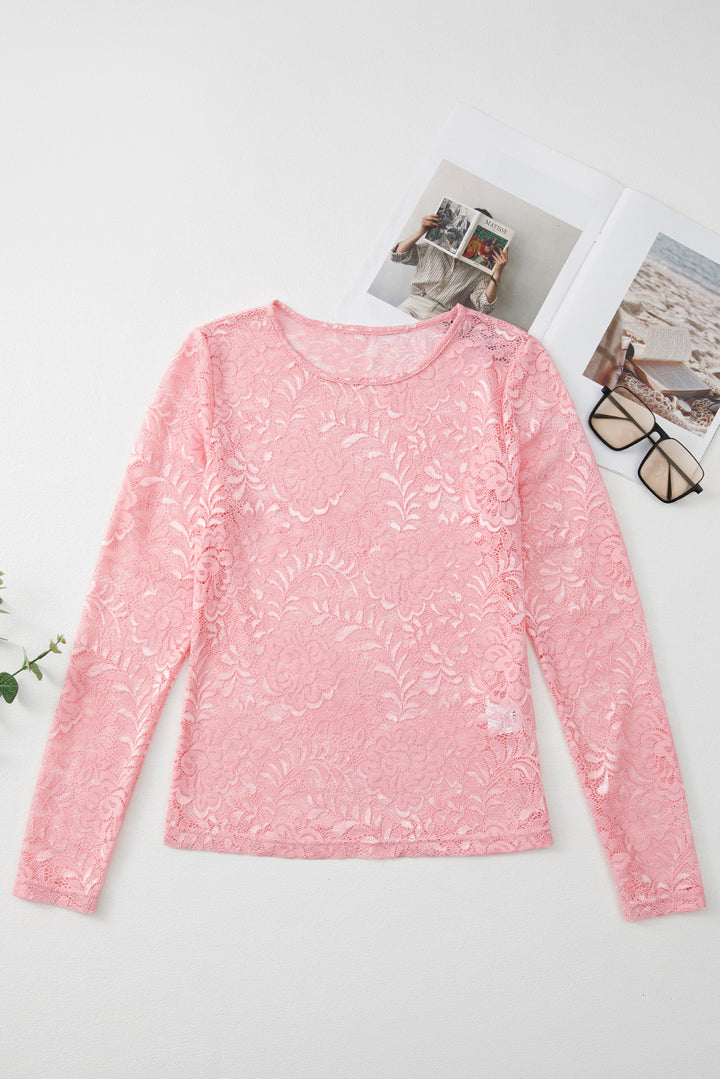 Lace Flower Round Neck Long Sleeve Top