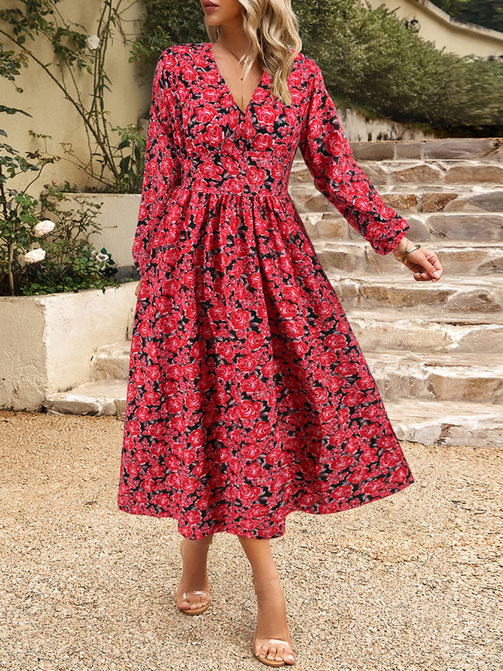 Floral V-Neck Long Sleeve Midi Dress