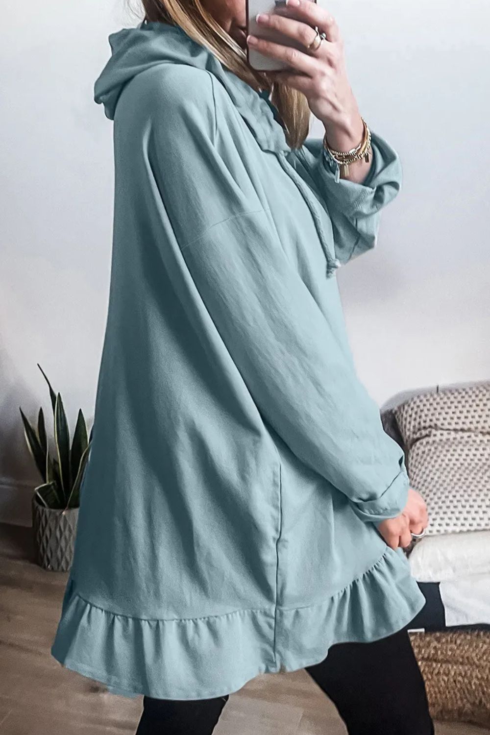 Drawstring Ruffled Dropped Shoulder Long Sleeve Hoodie