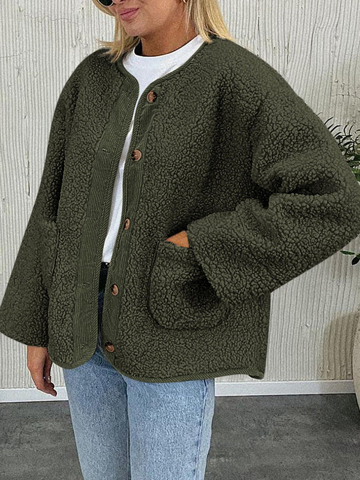 Contrast Button Up Sherpa Jacket with Pockets