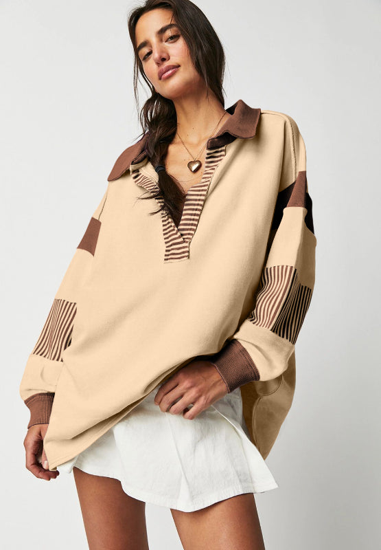 Color Block Johnny Collar Long Sleeve Sweatshirt