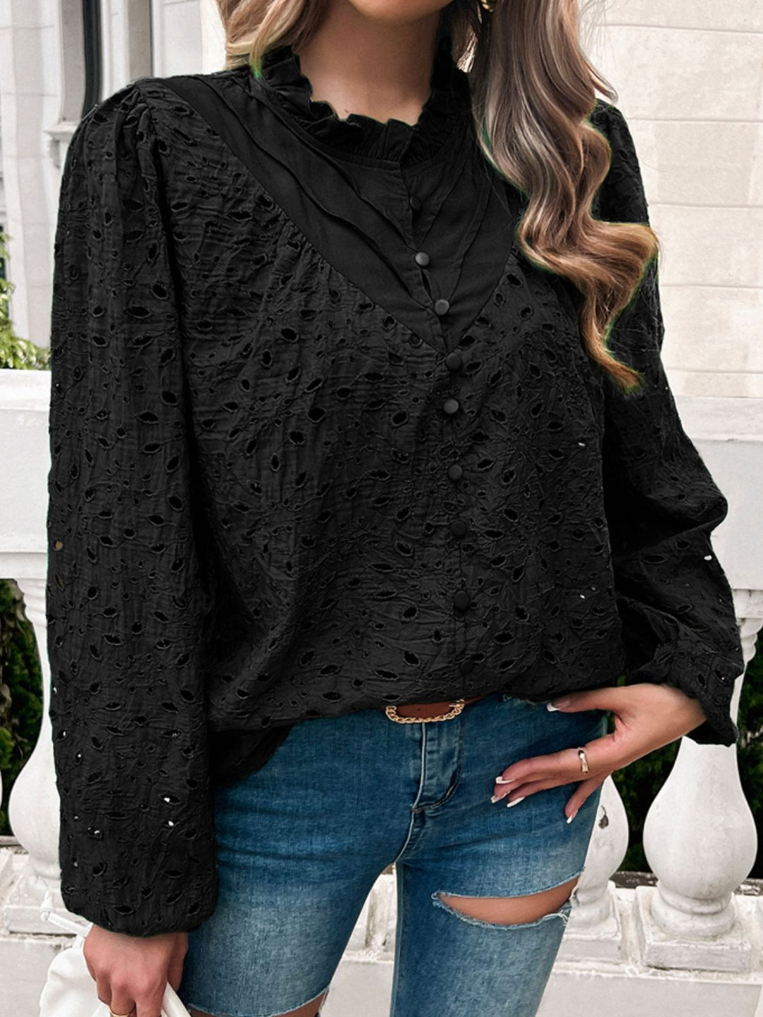 Frill Round Neck Long Sleeve Shirt