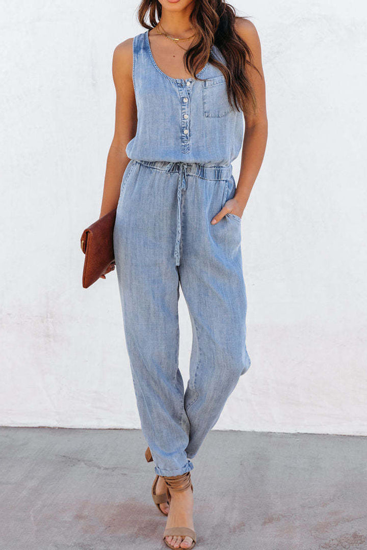 Pocketed Half Button Sleeveless Denim Jumpsuit