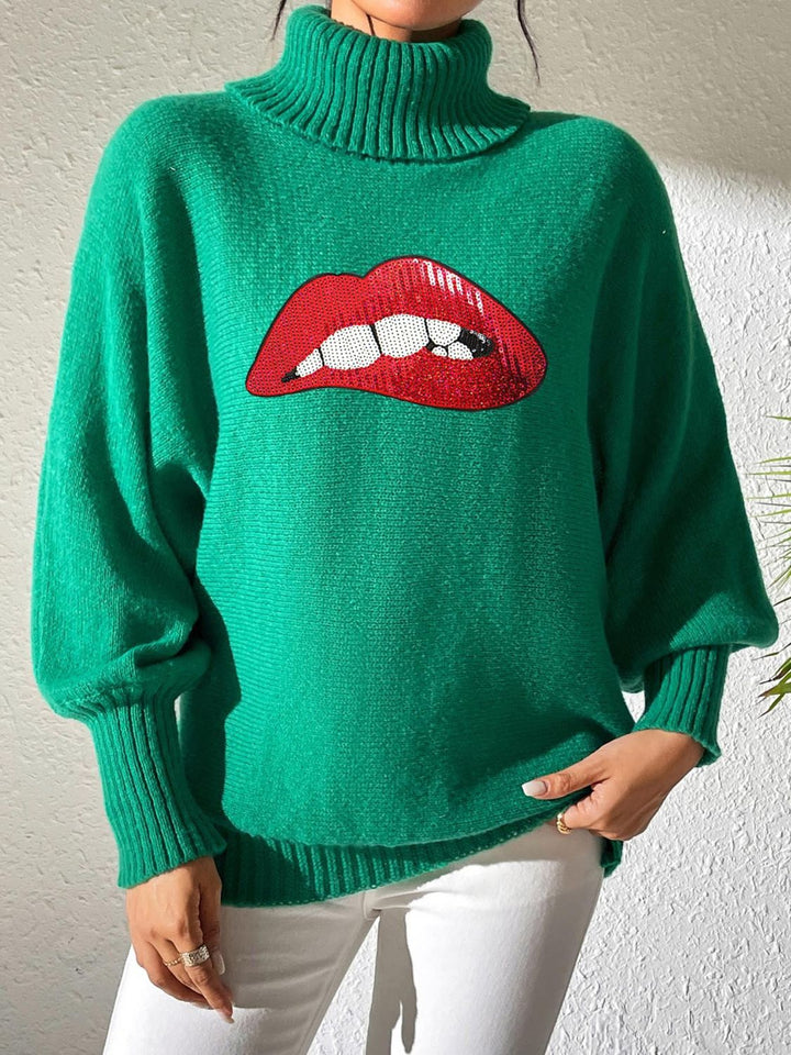 Lip Turtleneck Long Sleeve Sweater