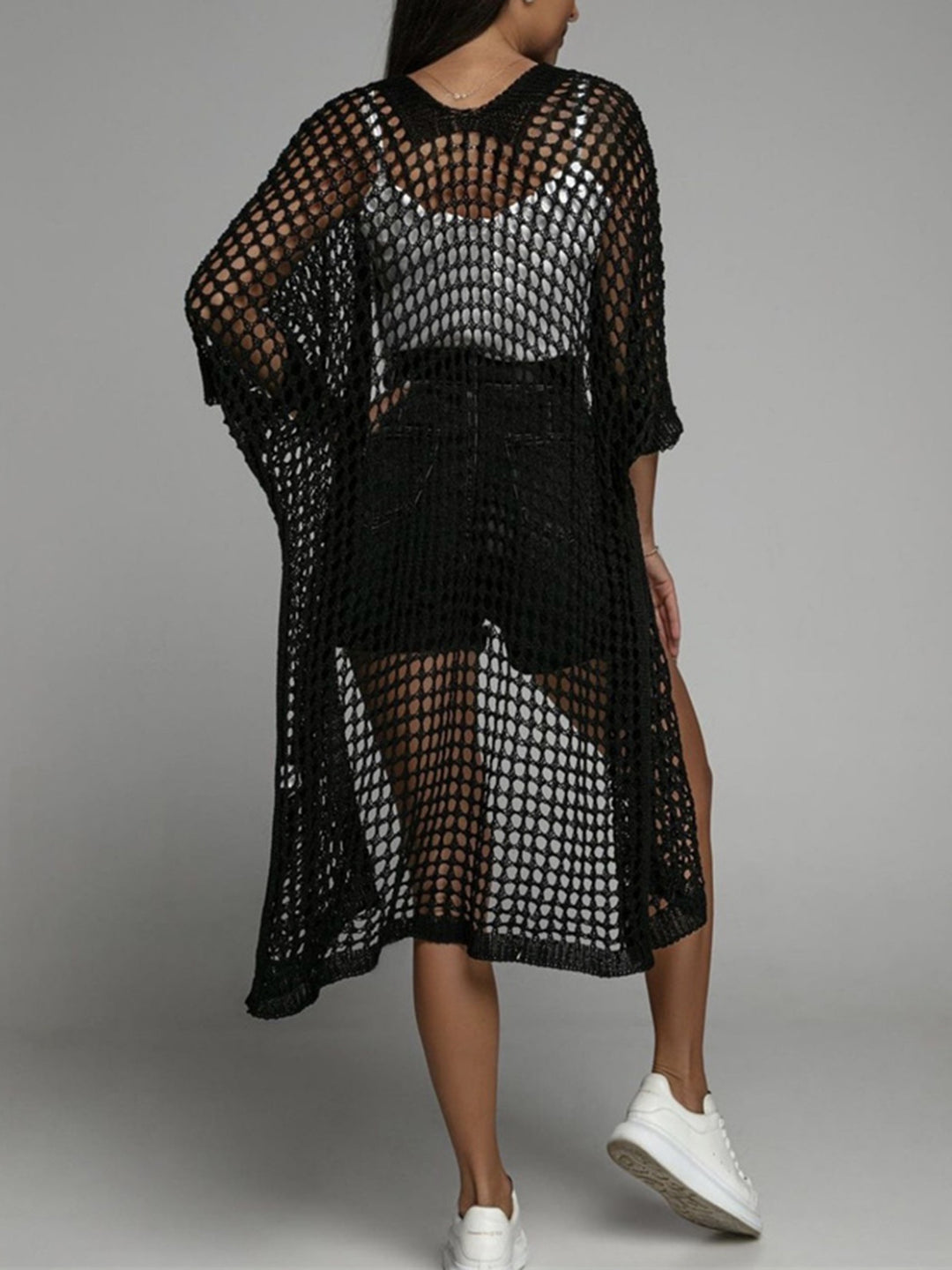 Openwork Open Front Three-Quarter Sleeve Cover Up