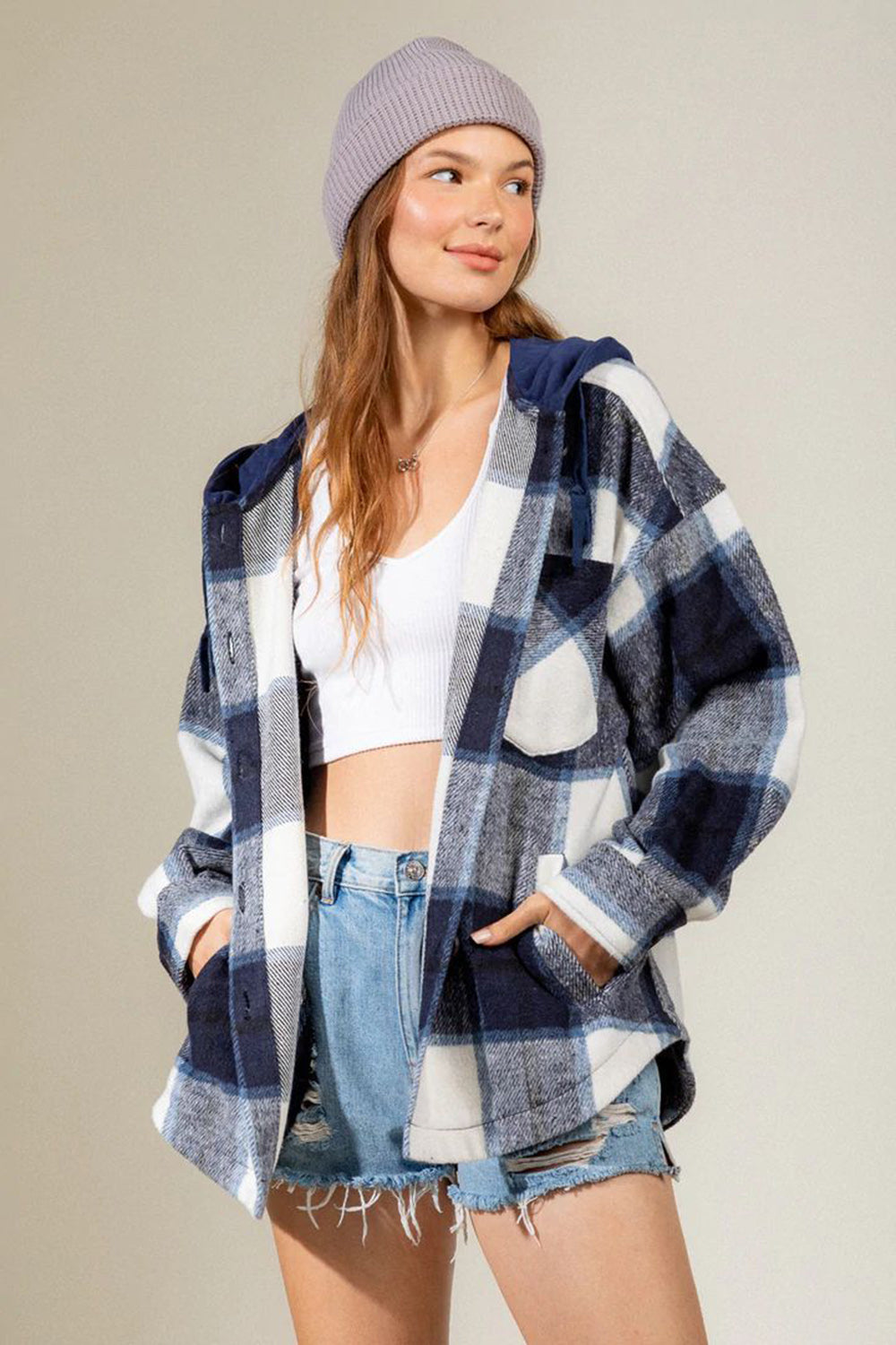 Drawstring Plaid Dropped Shoulder Hooded Shacket