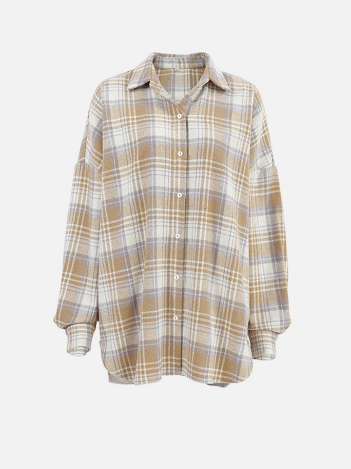 Plaid Collared Neck Dropped Shoulder Shirt