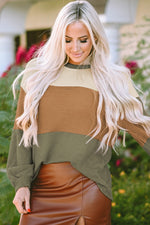 Waffle-Knit Color Block Round Neck Long Sleeve Blouse