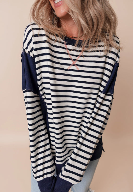 Exposed Seam Striped Long Sleeve Sweatshirt