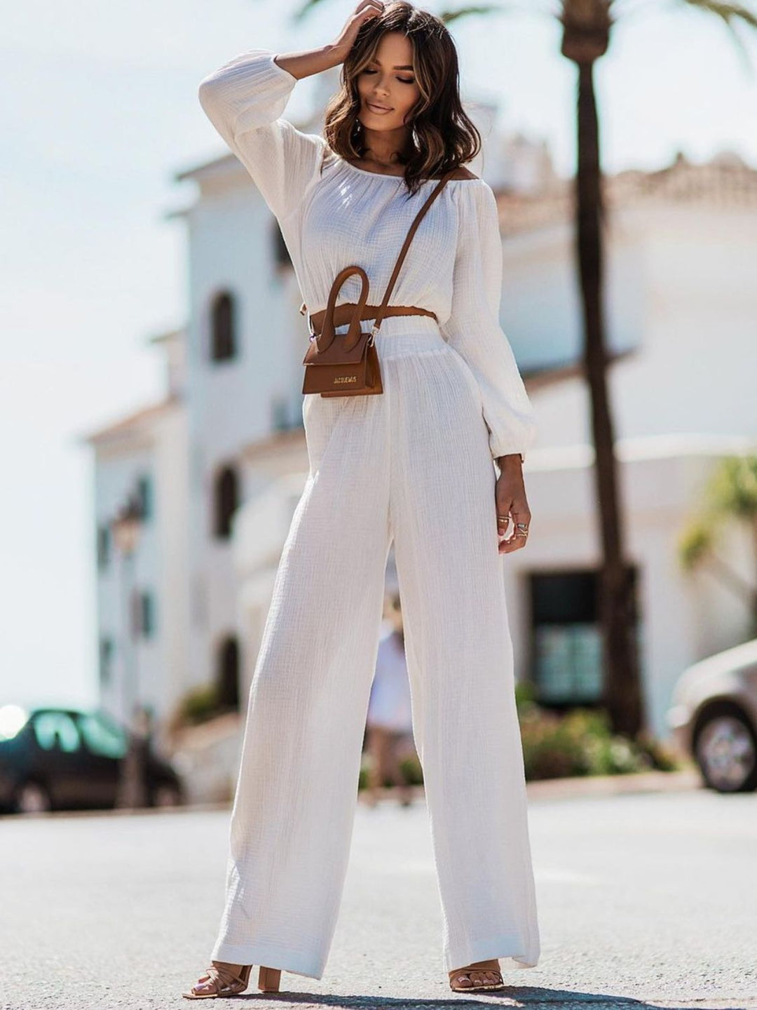 Off Shoulder Long Sleeve Top and Pants Set