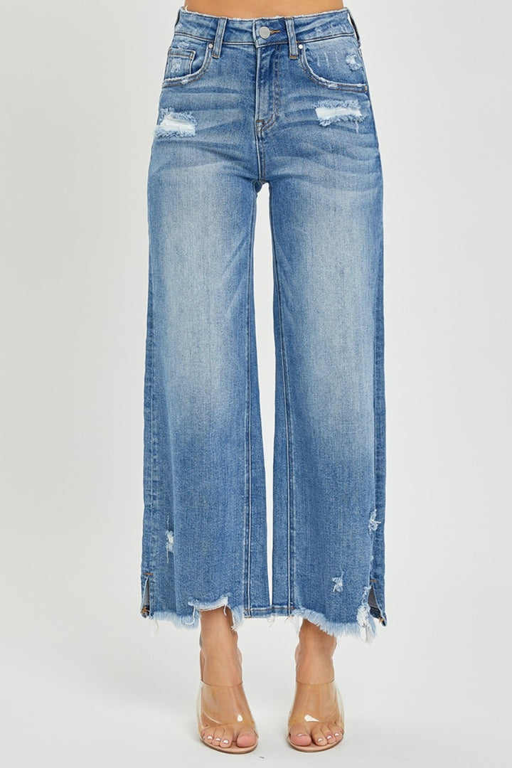 Risen High Rise Side Slit Raw Hem Cropped Jeans