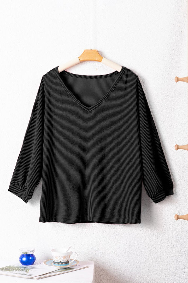 Texture V-Neck Long Sleeve Top