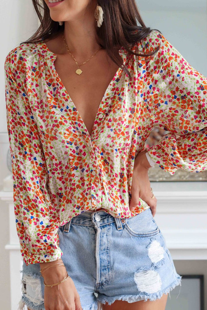 Printed Notched Long Sleeve Shirt