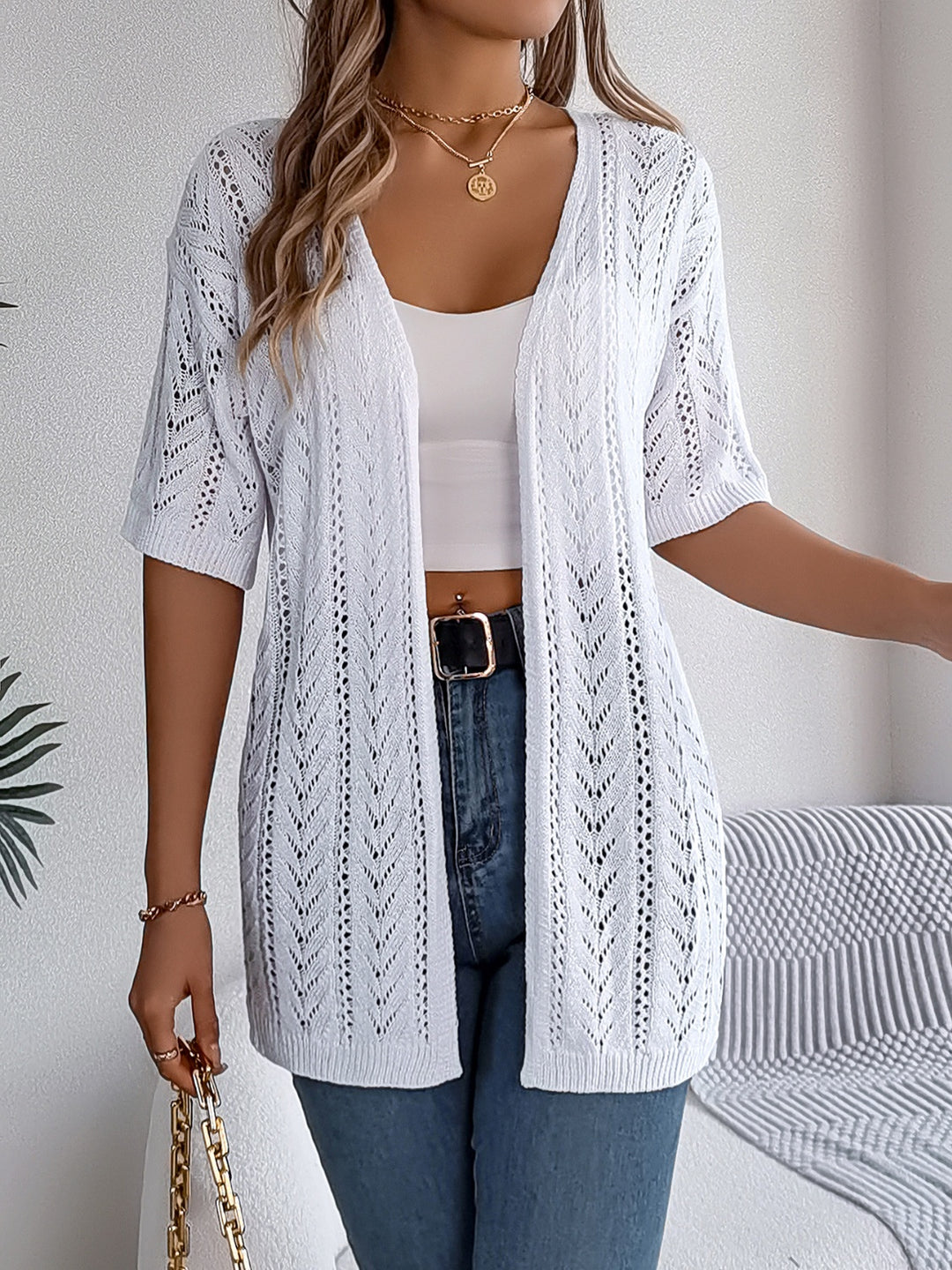 Openwork Open Front Half Sleeve Cardigan