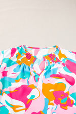 Plus Size Ruffled Printed Notched Cap Sleeve Blouse