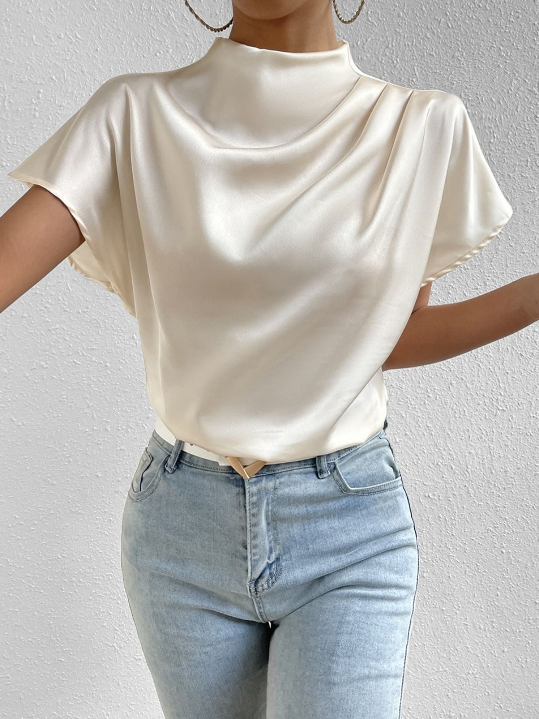 Ruched Mock Neck Short Sleeve Blouse