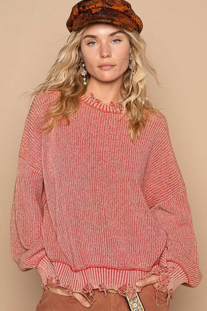 POL Distressed Washed Drop Shoulder Sweater